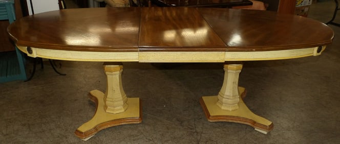 Mid Century Modern Painted Walnut Top Two Pedestal Dining Table with One Leaf