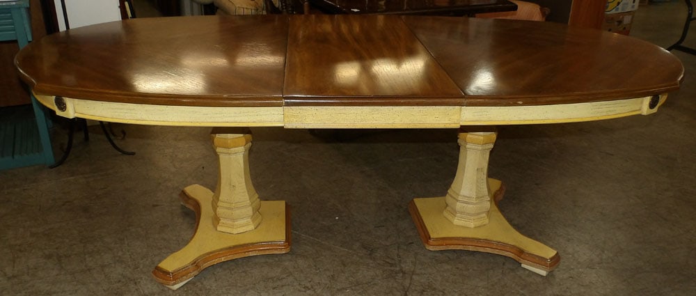 Mid Century Modern Painted Walnut Top Two Pedestal Dining Table with One Leaf  (1 of 4)