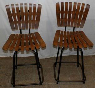 Pair of Mid Century Modern Maple & Metal Revolving Stools