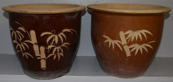 Pair of Chinese Pottery Jardinieres with Bamboo Motif