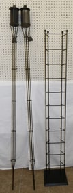 Painted Metal Stand & Two Outdoor Oil Lamps
