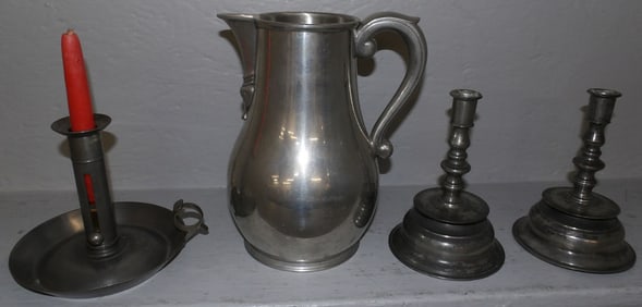 Three Pewter Candlesticks & Pewter Steiff 'CW' Pitcher
