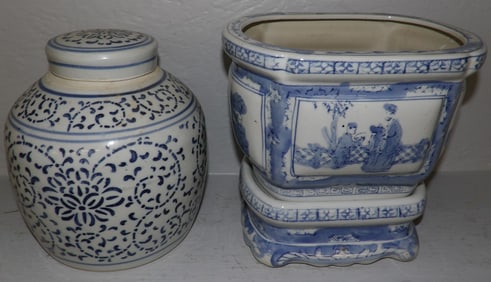 Oriental Blue & White Porcelain Jardiniere on Stand & Covered Ginger Jar