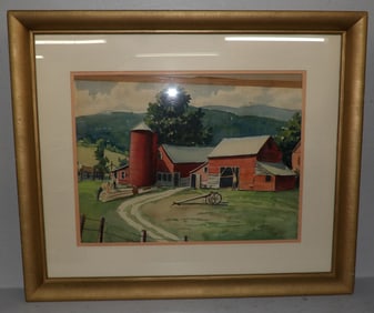 Framed Watercolor Farm Scene