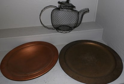 Two Metal Bowls & Tea Pot Form Wire Basket