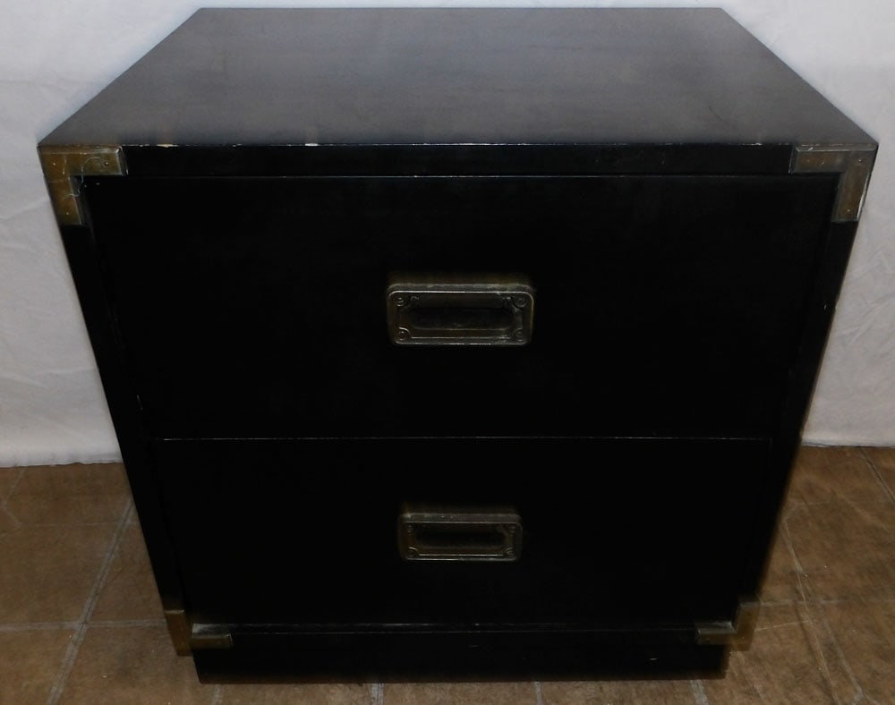 Black Lacquered Two Drawer Night Stand : Black Lacquered Two Drawer Night Stand . 21" H 20 1/4" W 16 1/4" D ALL DESCRIPTIONS AND ANY CONDITION STATEMENT GIVEN BY LANGSTON AUCTION GALLERY ARE STRICTLY OPINIONS AND LANGSTON'S SHALL HAVE NO RES