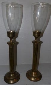 Two Pair of Brass Candlesticks with Glass Shades