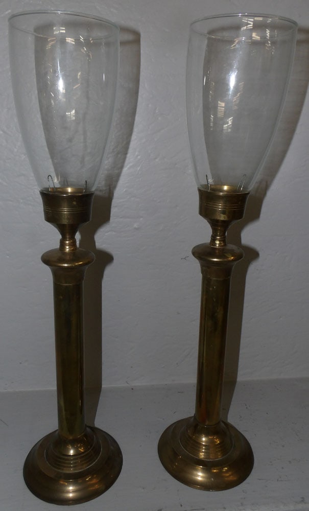 Two Pair of Brass Candlesticks with Glass Shades  (1 of 2)