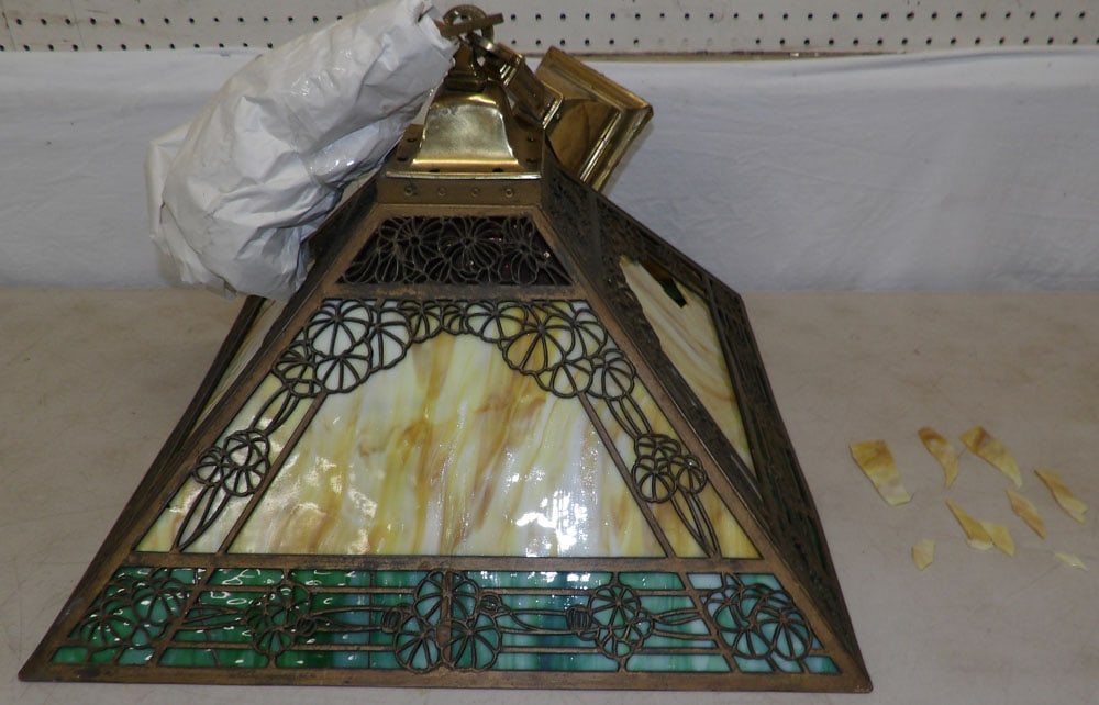 Antique Slag Glass Panel Chandelier, (As Is): Antique Slag Glass Panel Chandelier, (As Is). 14" H 21 3/4" Dia. ALL DESCRIPTIONS AND ANY CONDITION STATEMENT GIVEN BY LANGSTON AUCTION GALLERY ARE STRICTLY OPINIONS AND LANGSTON'S SHALL HAVE NO RESPO