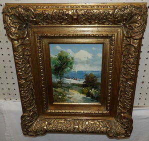 Framed Oil on Canvas Beach Scene