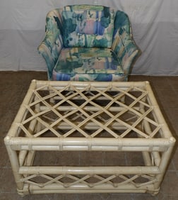 Painted Rattan Arm Chair & Glass Top Tea Table