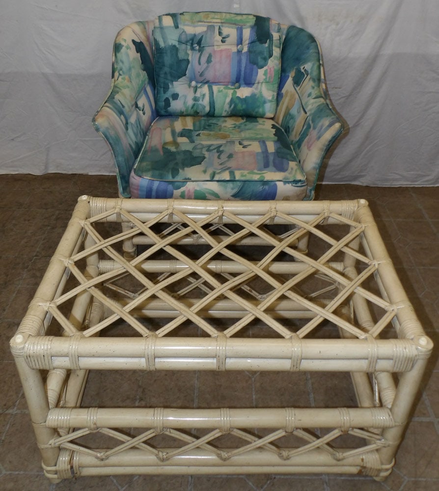 Painted Rattan Arm Chair & Glass Top Tea Table  (1 of 5)