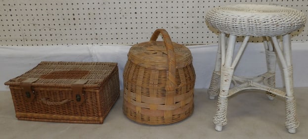 Two Wicker Baskets & Stool