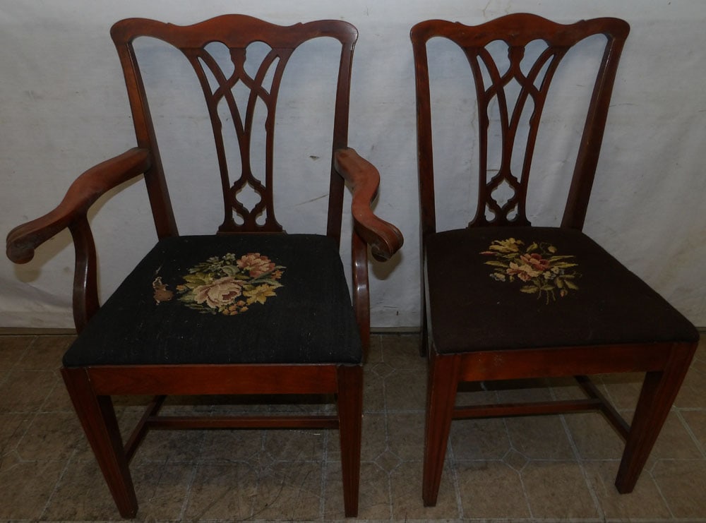 Two Mahogany Chairs with Needlepoint Seats : Two Mahogany Chairs with Needlepoint Seats . 36" H 19 1/2" W 20" D ALL DESCRIPTIONS AND ANY CONDITION STATEMENT GIVEN BY LANGSTON AUCTION GALLERY ARE STRICTLY OPINIONS AND LANGSTON'S SHALL HAVE NO RES