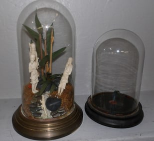 Two Antique Glass Domes, One with Oriental Bone Carved Figurines