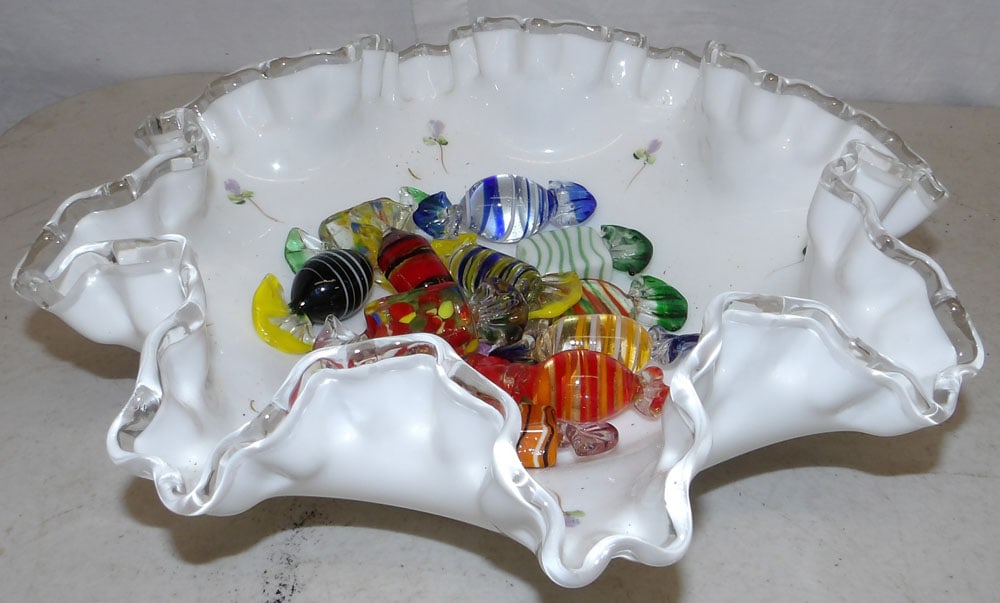 Art Glass Bowl & Art Glass Candy: Art Glass Bowl & Art Glass Candy. Bowl: 3" H 9 3/4" Dia. ALL DESCRIPTIONS AND ANY CONDITION STATEMENT GIVEN BY LANGSTON AUCTION GALLERY ARE STRICTLY OPINIONS AND LANGSTON'S SHALL HAVE NO RESPONSIBILIT