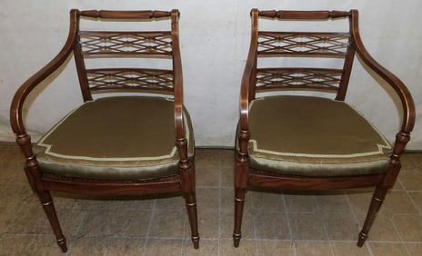 Pair of Antique Painted Wood Arm Chairs with Cane Seats
