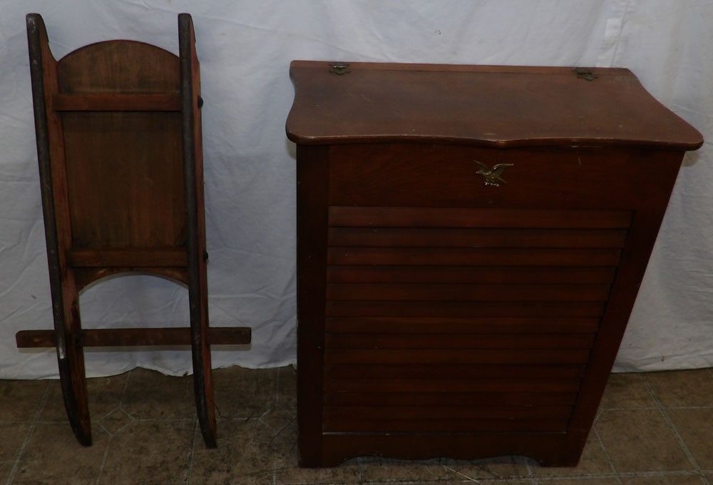 Antique Snow Sleigh & Pine Hamper: Antique Snow Sleigh & Pine Hamper. Up to 23 1/2" H 21" W 11" D ALL DESCRIPTIONS AND ANY CONDITION STATEMENT GIVEN BY LANGSTON AUCTION GALLERY ARE STRICTLY OPINIONS AND LANGSTON'S SHALL HAVE NO RESPONS