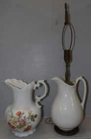 Two Antique Porcelain Pitchers, One Made Into Lamp