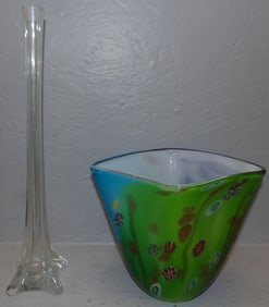 Art Glass Vase & Tall Glass Bud Vase