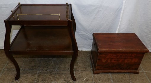antique pine advertising box and mahogany stand