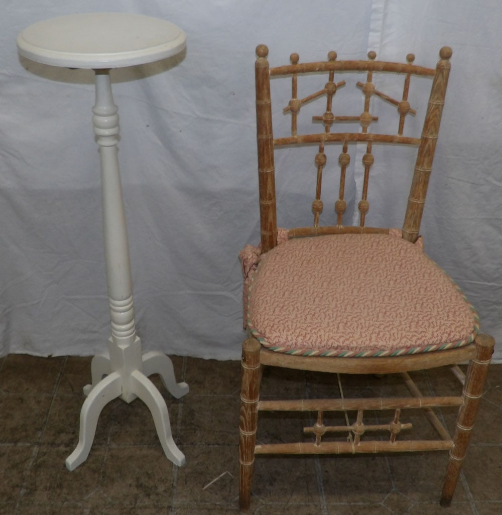 oak faux bamboo side chair and painted plant stand  (1 of 5)
