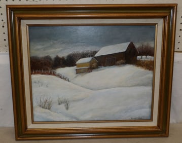 framed oil on board snow scene signed by artist