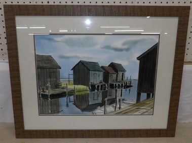 framed watercolor boat dock scene signed by artist