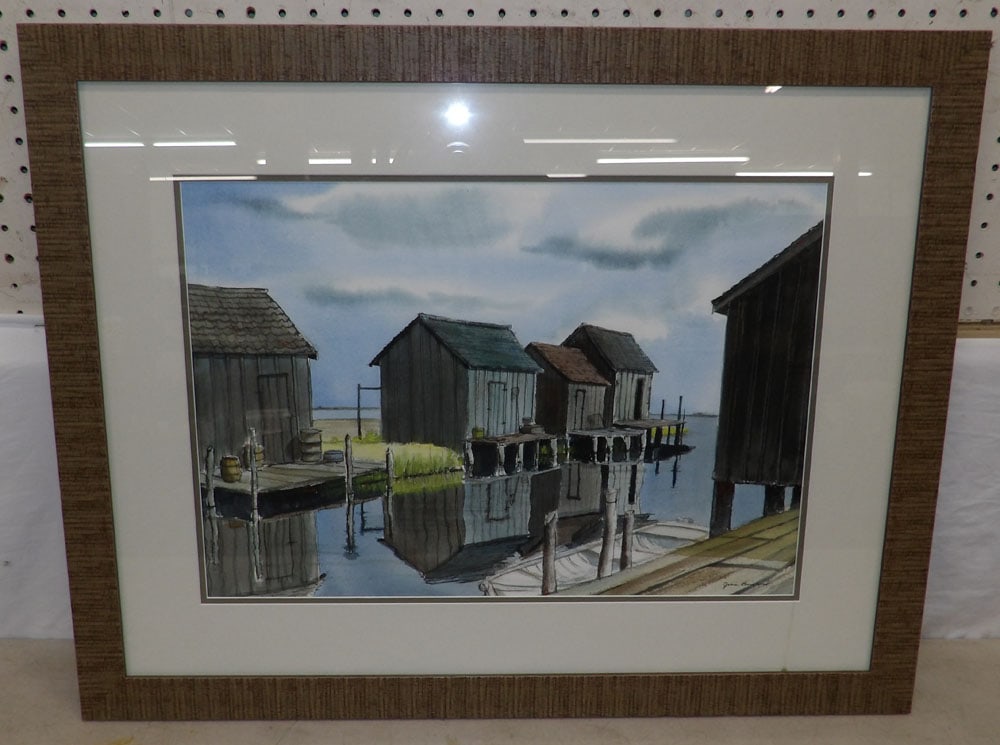 framed watercolor boat dock scene signed by artist  (1 of 4)