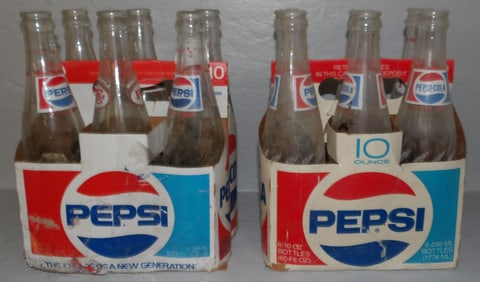 lot of two vintage six pack Pepsi-Cola glass bottles
