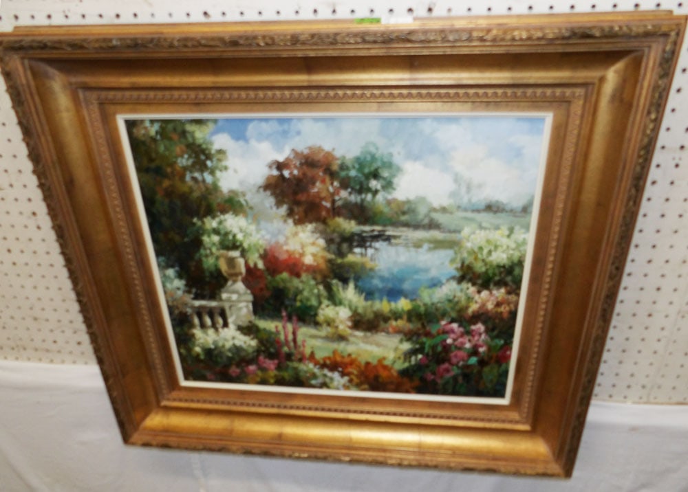 framed oil on canvas lake scene signed by artist  (1 of 4)