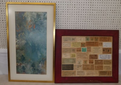 Framed early boxing and sporting tickets and Oriental framed print