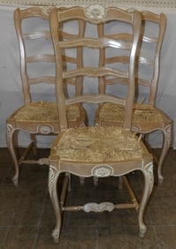 3 bleached elm wood and rush seat ladderback chairs