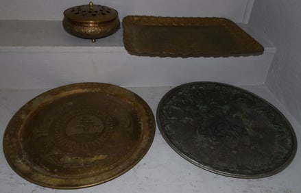 Three Brass Serving Trays & Brass Flower Frog