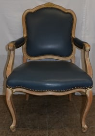 Distressed Painted Carved Wood & Leather Upholstered Fauteuil