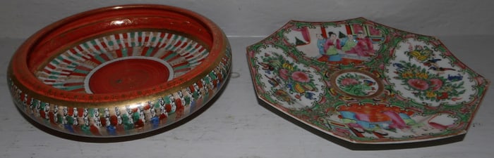 Octagonal Shaped Rose Medallion Plate & Thousand Face Porcelain Bowl