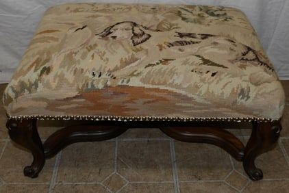 Carved Oak Stretcher Base Ottoman with Upholstered Dog Motif Needlepoint Top