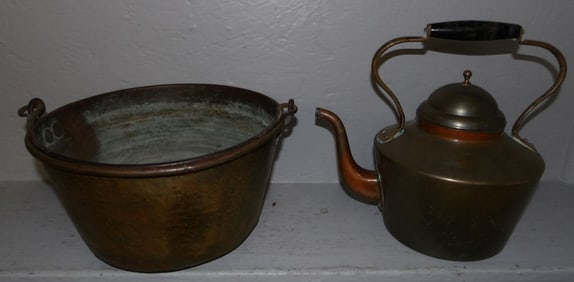 Antique Brass Bucket & Copper Kettle