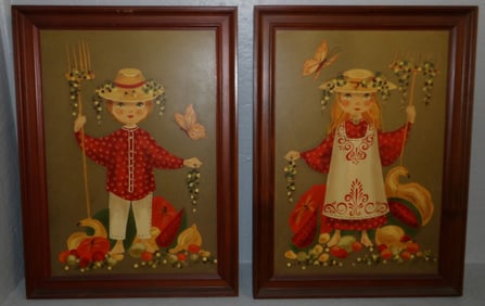 Two Painted Folk Art Oil on Board Panels Artist Signed