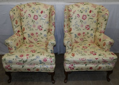 Pair of Cherry & Floral Upholstered Wing Back Arm Chairs