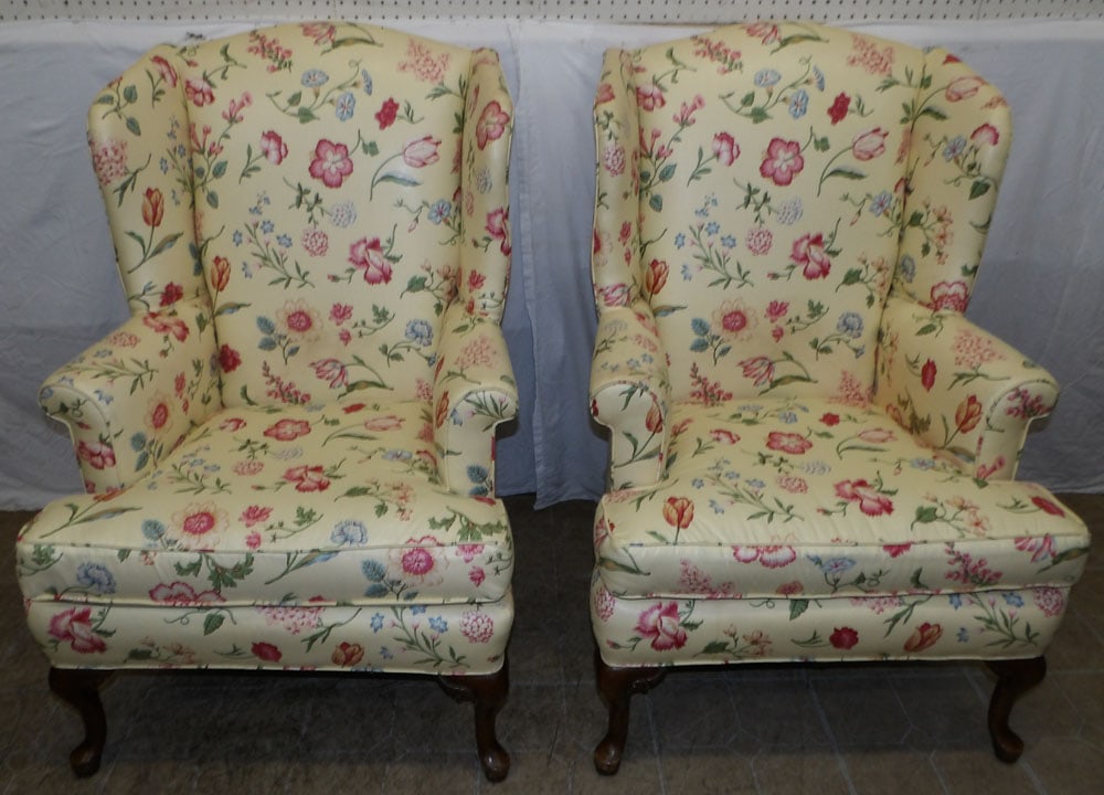Pair of Cherry & Floral Upholstered Wing Back Arm Chairs  (1 of 12)