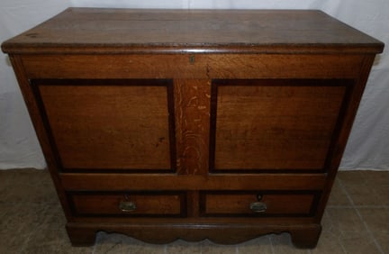 19th Century English Oak & Mahogany Banded Blanket Chest with Two Drawer Base