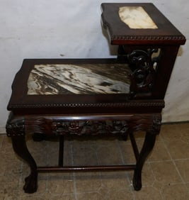 Carved Rosewood Two Tier Marble Top Stand