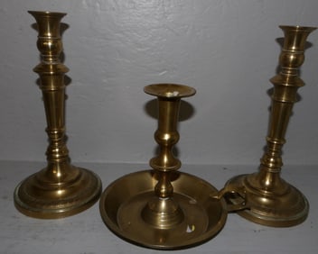 Pair of Round Base Brass Candlesticks & Brass Saucer Candlestick