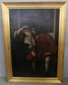 Antique Oil on Canvas Courting Scene in Gilded Frame