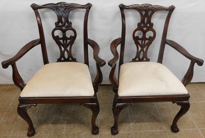 Pair of Carved Mahogany Chippendale Arm Chairs with Ball & Claw Feet
