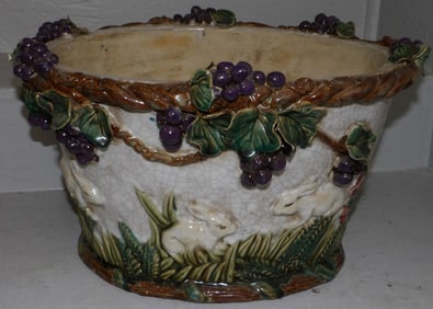 Painted Porcelain Jardiniere with Grape & Bunny Motif