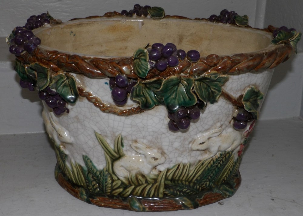 Painted Porcelain Jardiniere with Grape & Bunny Motif: Painted Porcelain Jardiniere with Grape & Bunny Motif. 10 1/4" H 16 3/4" W 13 1/2" D