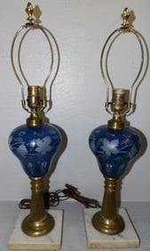 Pair of Antique Blue Cut to Clear Lamps with Brass & Marble Bases