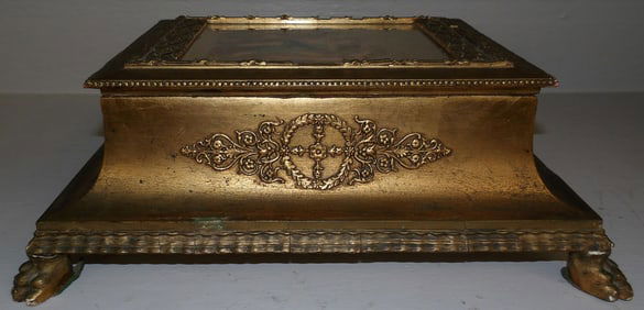 Antique Gilded Dresser Box with Framed Colored Engraving Top